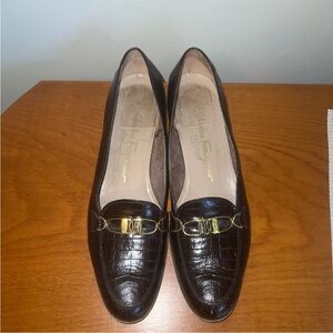 Ferragamo Castoro Brown Crocodile Print Slip-Ons